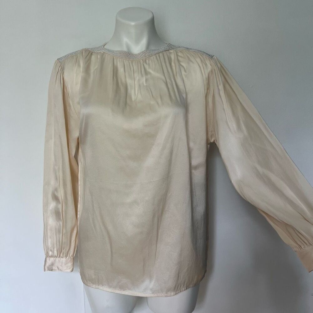 Lord & Taylor Vintage Silk Pearl Embellished button back long sleeve top bridal